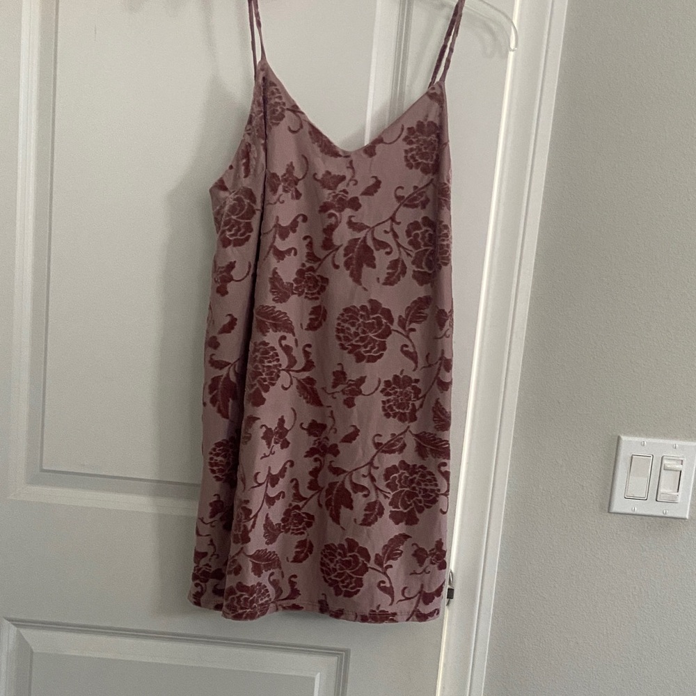 pink mauve  velvet floral Dress with Spaghetti Straps